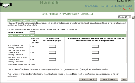 Screenshot of Initial Application for Safety Committee Certification, Section 12 - Effectiveness Measures