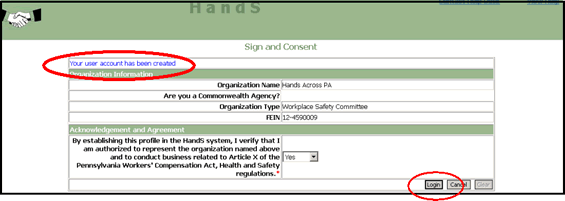 Screenshot of Initial Application for Safety Committee Certification, Sign and Consent  with Message, Your user account has been created.