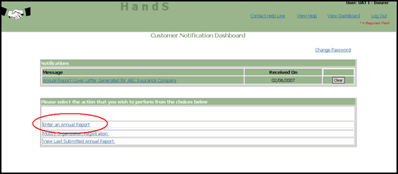 Screenshot of How to Complete an Online Self-Insurer Annual Report, Customer Notification Dashboard