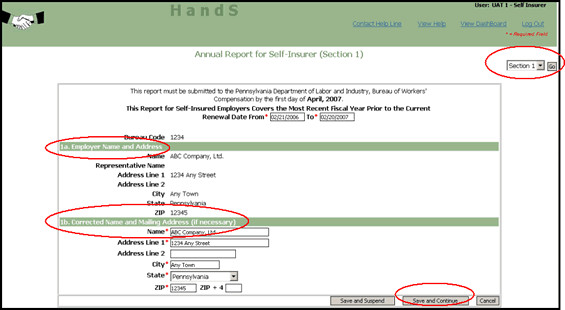 Screenshot of How to Complete an Online Self-Insurer Annual Report, Section 1 - Organization Information