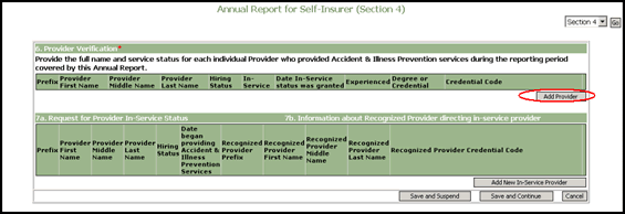 Screenshot of How to Complete an Online Self-Insurer Annual Report, Section 4 - Provider Verification and Request for Provider In-Service Status