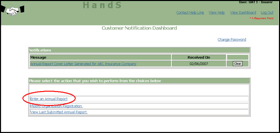 Screenshot of How to Complete an Online Insurer Annual Report, Customer Notification Dashboard
