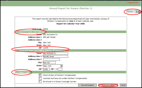 Screenshot of How to Complete an Online Insurer Annual Report, Section 1 - Organization and Contact Information, Including Report Type