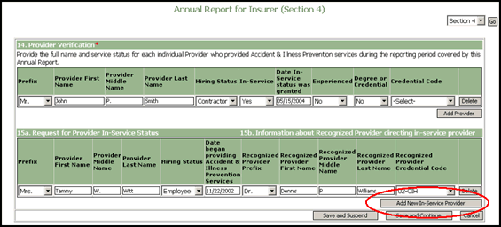 Screenshot of How to Complete an Online Insurer Annual Report, Section 4 - Completed Screen with Instructions to Add New In-Service Provider