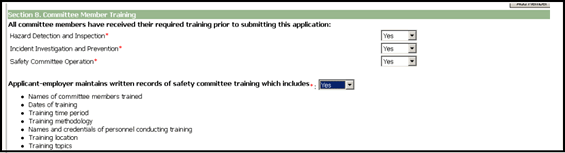 Screenshot of Initial Application for Safety Committee Certification, Section 8 - Committee Member Training