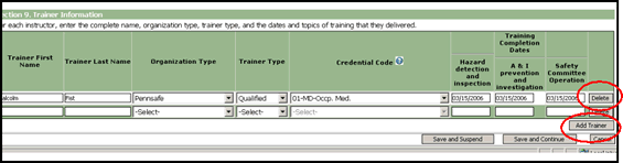 Screenshot of Initial Application for Safety Committee Certification, Section 9 - Trainer Information