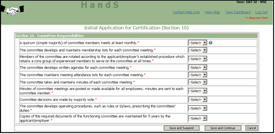 Screenshot of Initial Application for Safety Committee Certification, Section 10 - Committee Responsibilities
