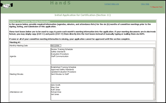 Screenshot of Initial Application for Safety Committee Certification, Section 11 - Committee Meeting Information