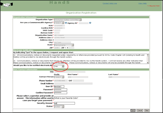 Screenshot of Initial Application for Safety Committee Certification, Organization Registration