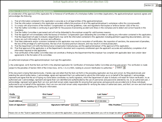 Screenshot of Initial Application for Safety Committee Certification, Section 13 - Acknowledgements And Agreements