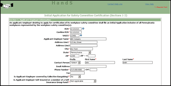 Screenshot of Initial Application for Safety Committee Certification, Section 1 - Applicant/Employer Information