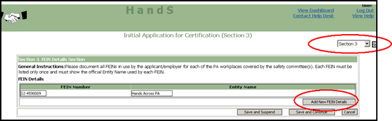 Screenshot of Initial Application for Safety Committee Certification, Section 3 -  FEIN Details Section