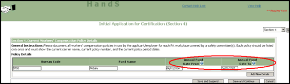 Screenshot of Initial Application for Safety Committee Certification, Section 4 - Current Workers' Compensation Policy Details (Screen if you answered the Self-Insured or Group Fund question in Step 2, Section 1 as Self-Insured Group Fund)