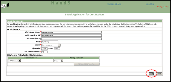 Screenshot of Initial Application for Safety Committee Certification, Section 5 - Workplace Details Section (Enter the Details for the Workplace)