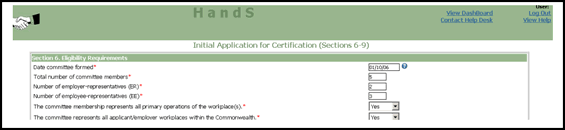 Screenshot of Initial Application for Safety Committee Certification, Section 6 - Eligibility Requirements