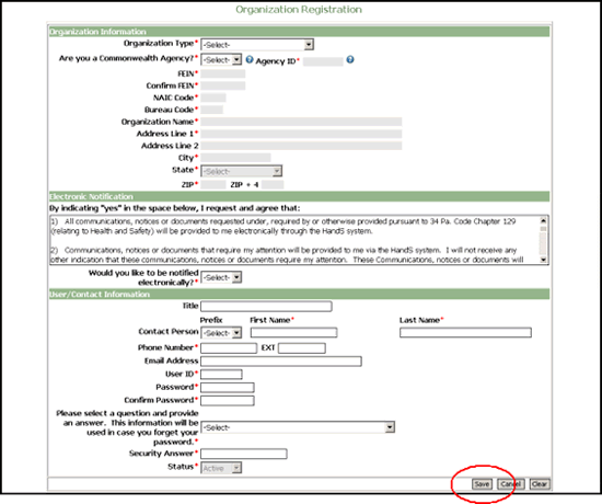 Screenshot of How to Register for an Online Account, Online Registration Including Organization and Contact Information