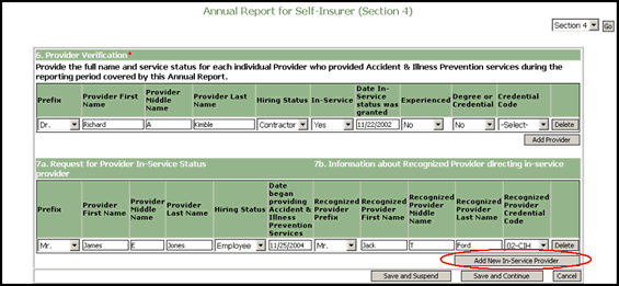 Screenshot of How to Complete an Online Self-Insurer Annual Report, Section 4 - Completed Provider Verification Screen with Instruction to Add New In-Service Provider