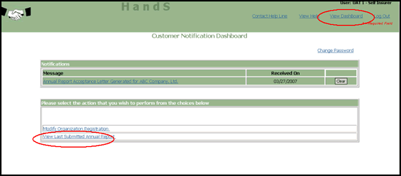 Screenshot of How to Complete an Online Self-Insurer Annual Report, Customer Notification Dashboard with Instructioin to View Last Submitted Annual Report