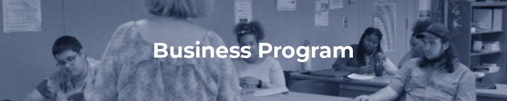 Student working together. Text: 'Business Programs'